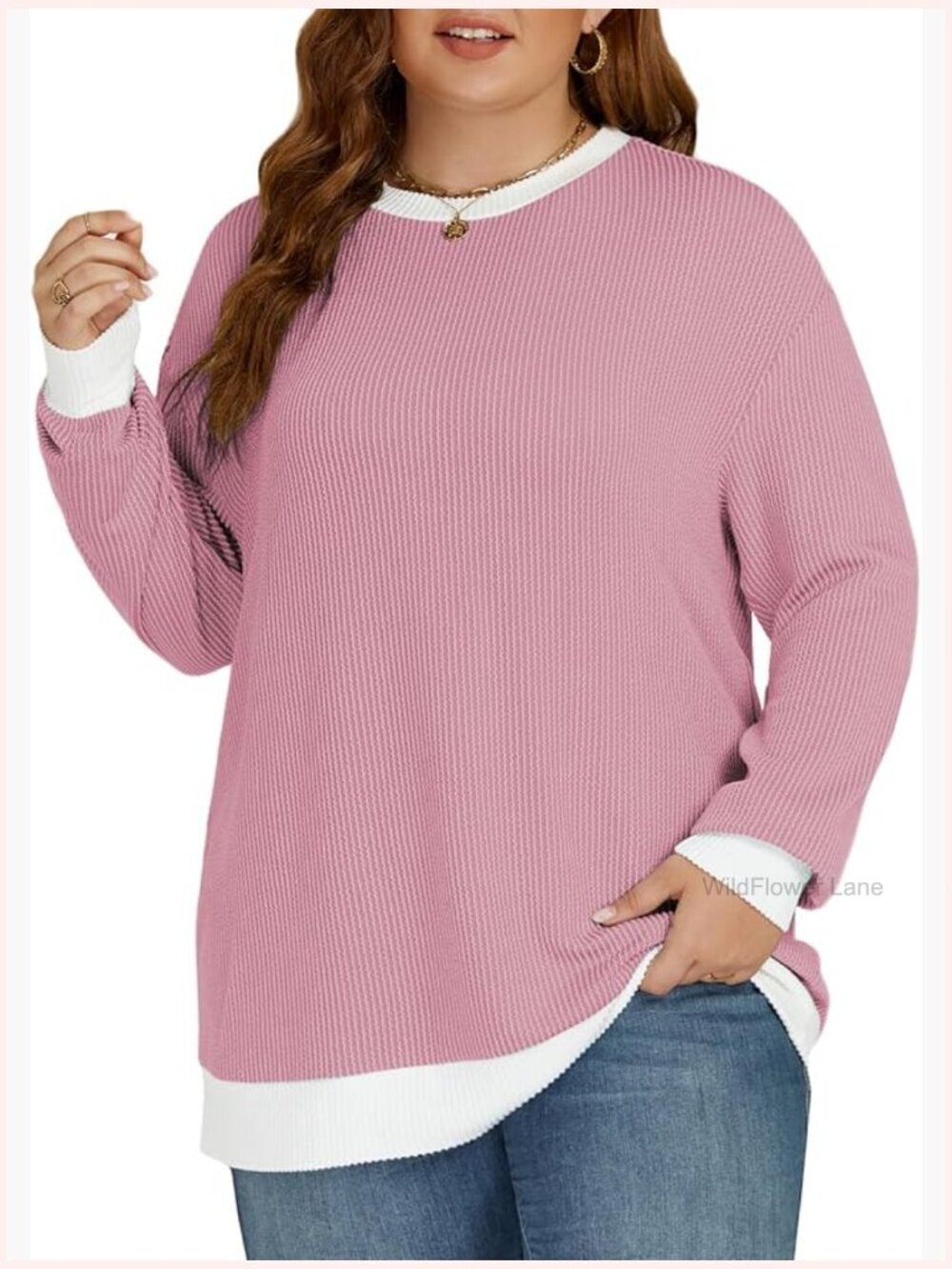 Plus Size Color Block Long Sleeve Tee Soft Oversized Knit Tunic Blouse